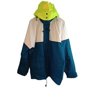 Pro Rainer Marine Boating Waterproof Size Large Jacket Blue White Yellow Hood